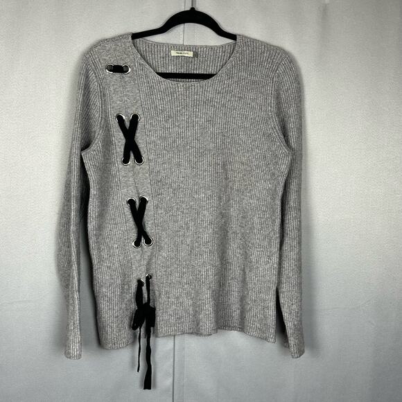 Women's Maude Vivante Gray Black Lace Up Knit Crewneck Pullover Sweater- Size L - Picture 1 of 5
